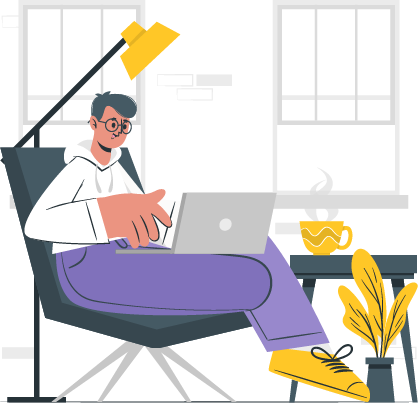 cozy home office setup with person studying on couch with laptop, comfortable learning environment