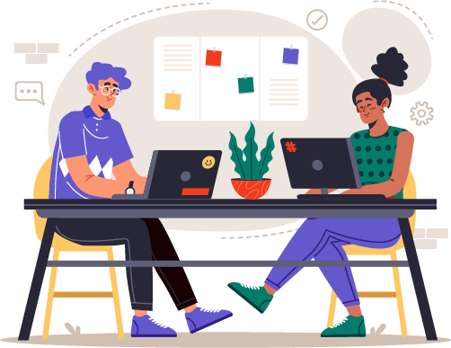 professional illustration of a person studying on a laptop while sitting in an airplane with clouds visible through the window, modern digital art style with blue and white color scheme